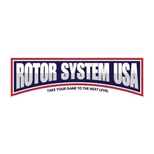ROTOR SYSTEM USAのロゴ、青白赤のデザイン、技術革新を象徴。