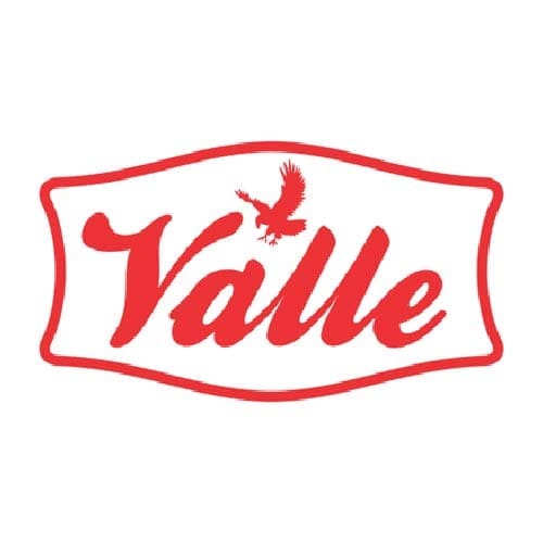 赤と白のバックグラワード「Valle」と飛ぶ鷲のロゴ画像。